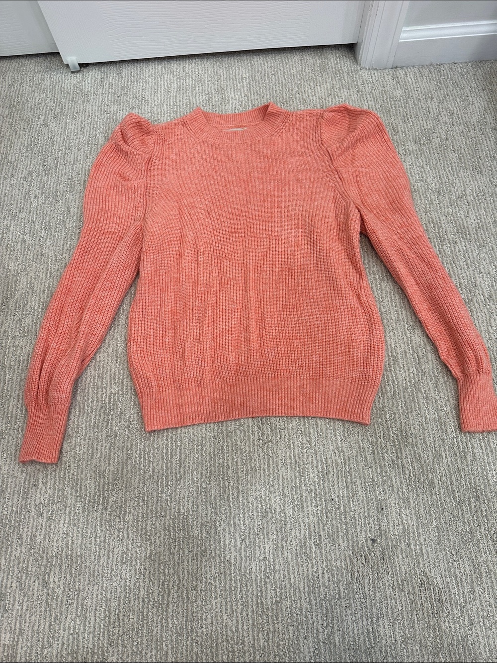 LOFT Coral Ribbed Puff-Sleeve Crewneck Sweater